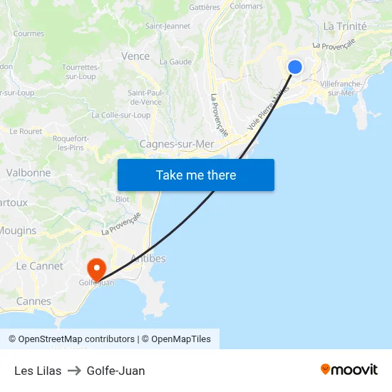 Les Lilas to Golfe-Juan map