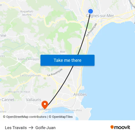 Les Travails to Golfe-Juan map