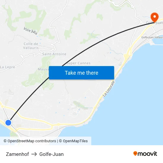 Zamenhof to Golfe-Juan map