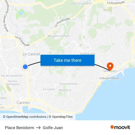 Place Benidorm to Golfe-Juan map