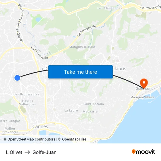 L'Olivet to Golfe-Juan map