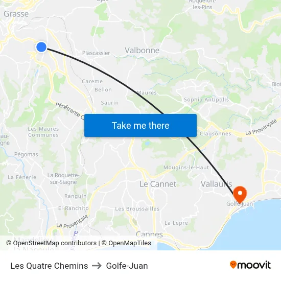 Les Quatre Chemins to Golfe-Juan map
