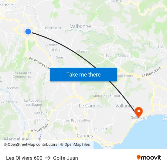 Les Oliviers 600 to Golfe-Juan map