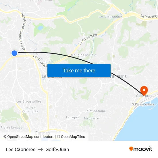 Les Cabrieres to Golfe-Juan map