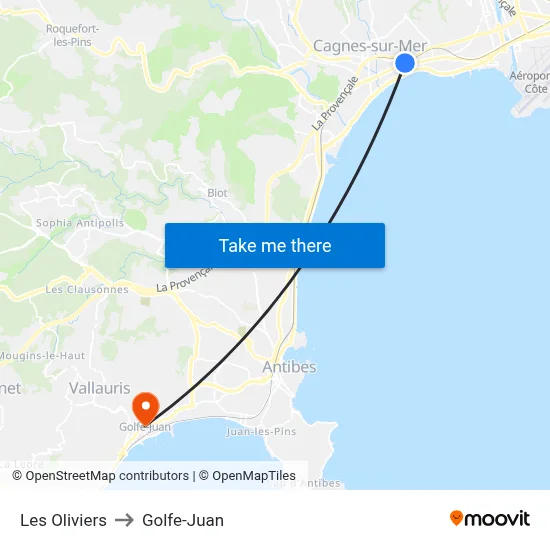 Les Oliviers to Golfe-Juan map