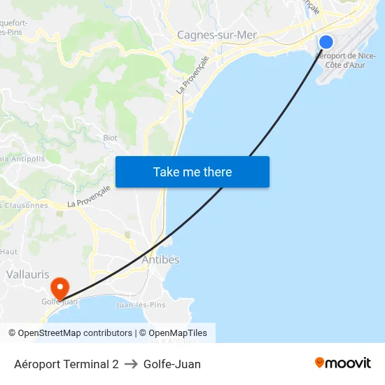 Aéroport Terminal 2 to Golfe-Juan map