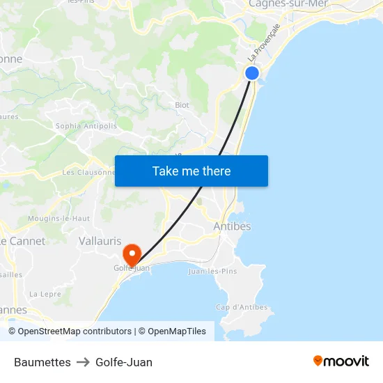 Baumettes to Golfe-Juan map