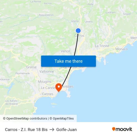 Carros - Z.I. Rue 18 Bis to Golfe-Juan map