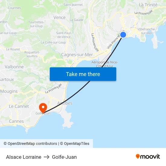 Alsace Lorraine to Golfe-Juan map