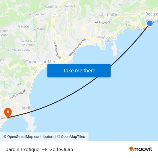 Jardin Exotique to Golfe-Juan map