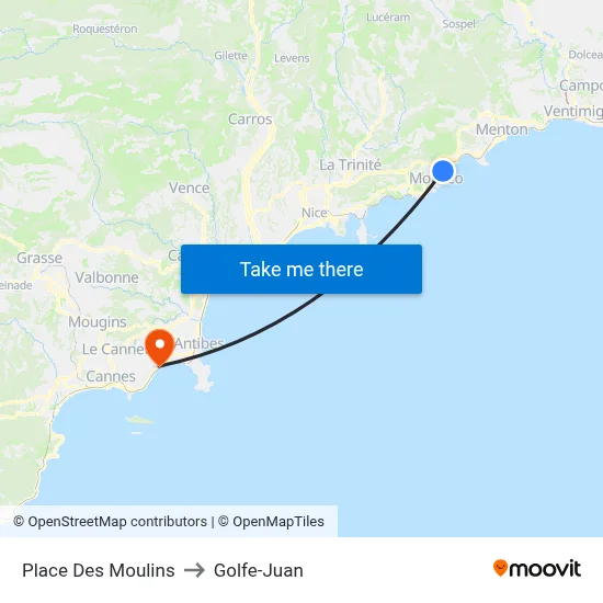 Place Des Moulins to Golfe-Juan map