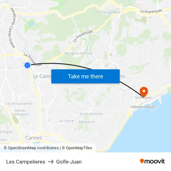 Les Campelieres to Golfe-Juan map