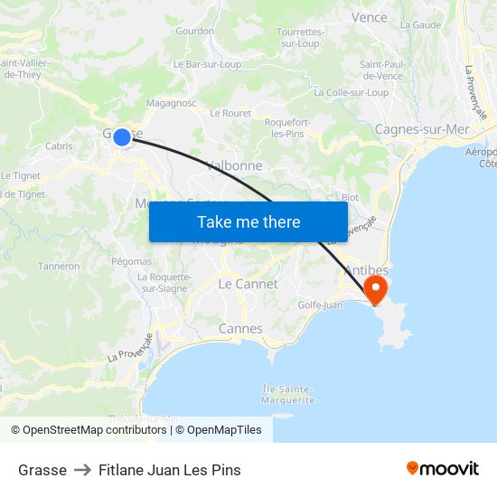 Grasse to Fitlane Juan Les Pins map