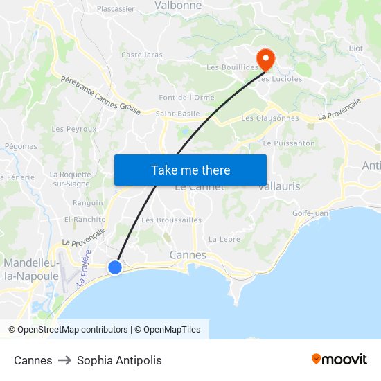 Cannes to Sophia Antipolis map