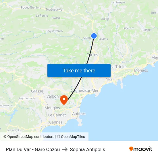 Plan Du Var - Gare Cpzou to Sophia Antipolis map