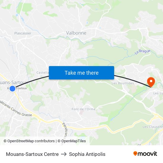 Mouans-Sartoux Centre to Sophia Antipolis map