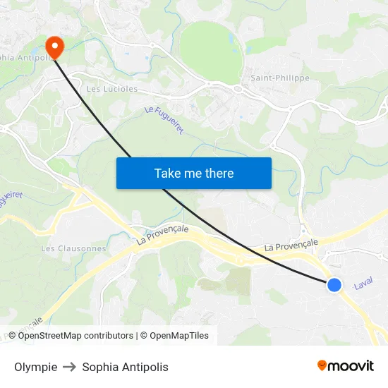 Olympie to Sophia Antipolis map