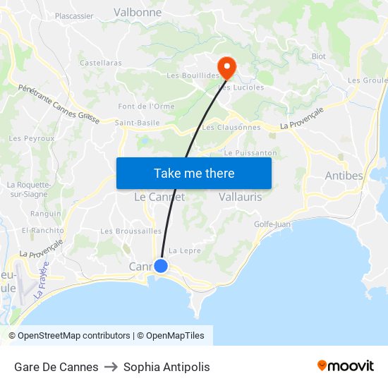 Gare De Cannes to Sophia Antipolis map