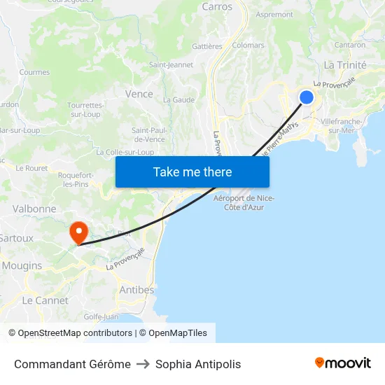 Commandant Gérôme to Sophia Antipolis map