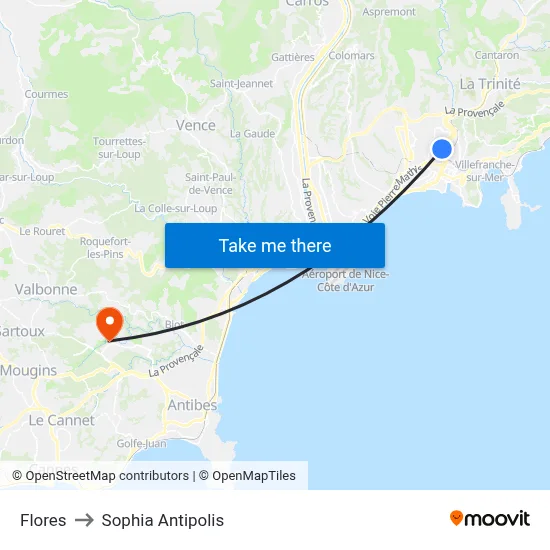 Flores to Sophia Antipolis map