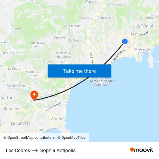 Les Cèdres to Sophia Antipolis map