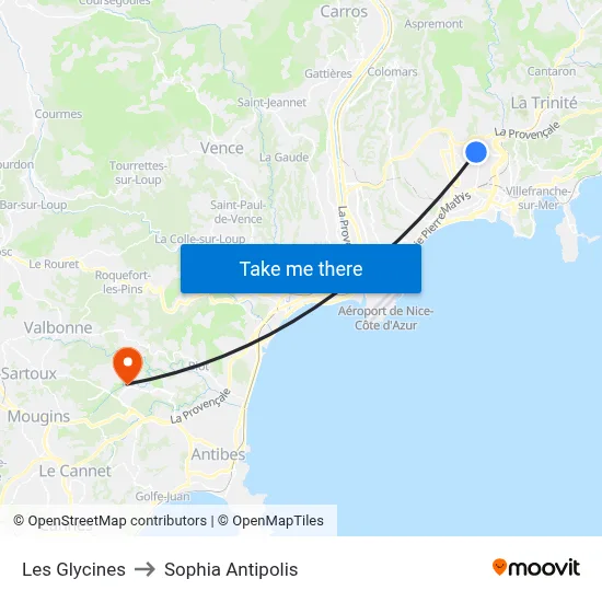 Les Glycines to Sophia Antipolis map