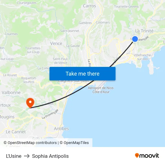 L'Usine to Sophia Antipolis map