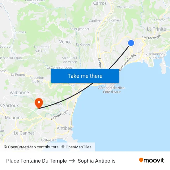 Place Fontaine Du Temple to Sophia Antipolis map