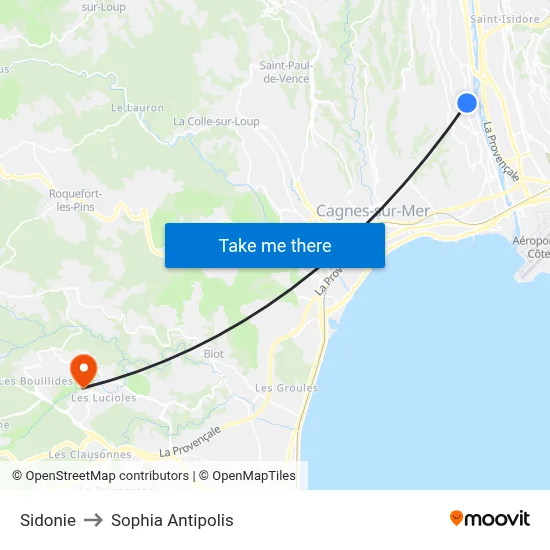 Sidonie to Sophia Antipolis map