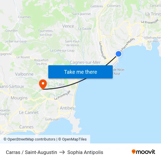 Carras / Saint-Augustin to Sophia Antipolis map