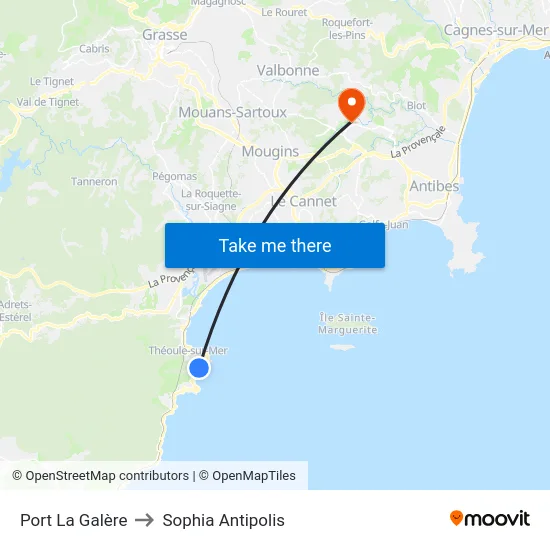 Port La Galère to Sophia Antipolis map