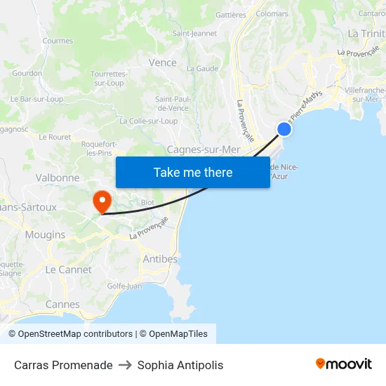 Carras Promenade to Sophia Antipolis map