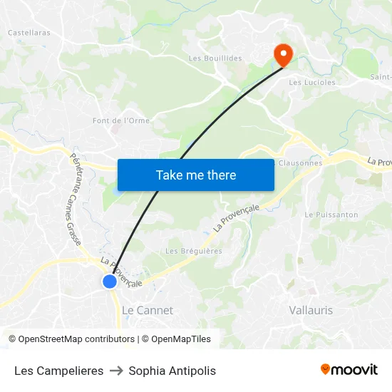 Les Campelieres to Sophia Antipolis map