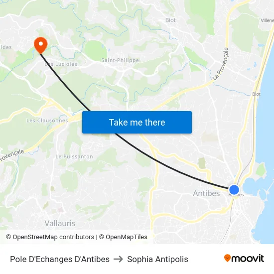 Pole D'Echanges D'Antibes to Sophia Antipolis map