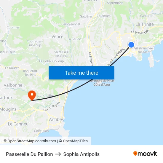 Passerelle Du Paillon to Sophia Antipolis map