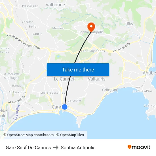 Gare Sncf De Cannes to Sophia Antipolis map