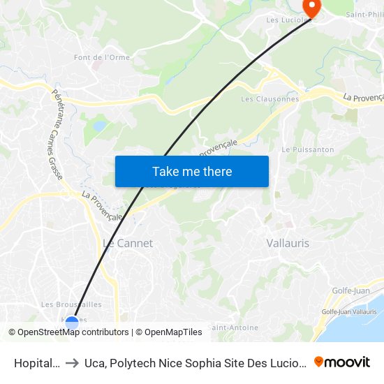 Hôpital De Cannes to Uca, Polytech Nice Sophia Site Des Lucioles, Iup Management Et Gestion Des Entreprises map