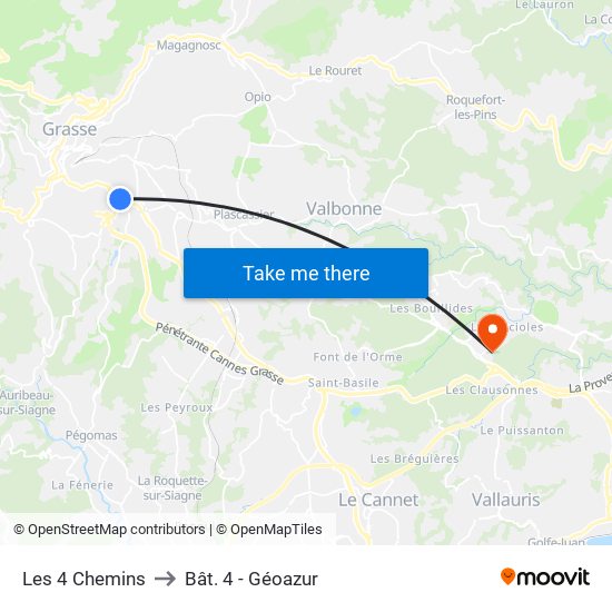 Les 4 Chemins to Bât. 4 - Géoazur map