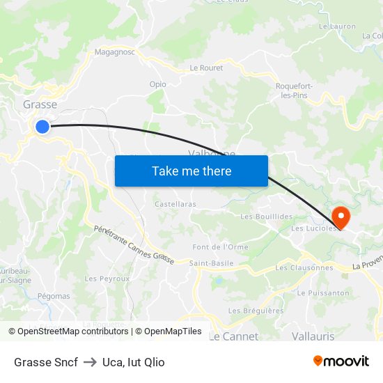 Grasse Sncf to Uca, Iut Qlio map