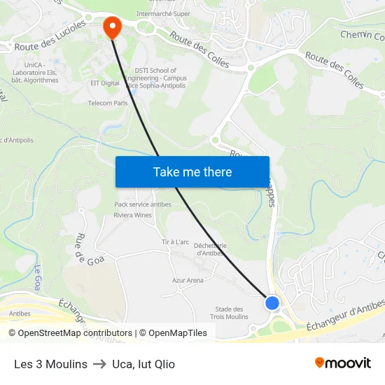 Les 3 Moulins to Uca, Iut Qlio map