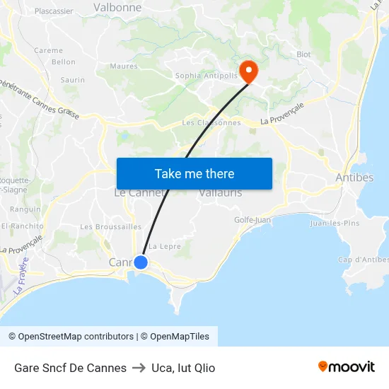 Gare Sncf De Cannes to Uca, Iut Qlio map