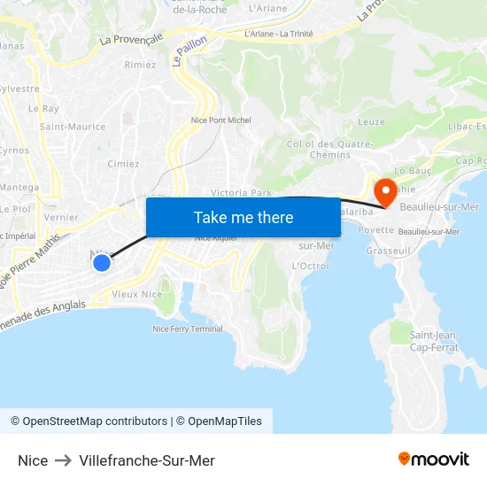 Nice to Villefranche-Sur-Mer map