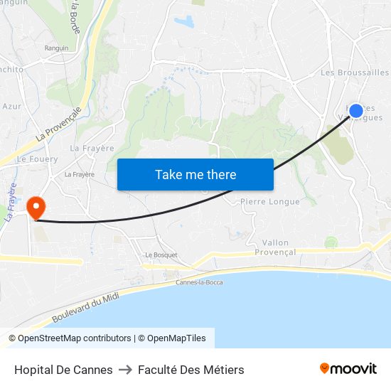 Hôpital De Cannes to Faculté Des Métiers map