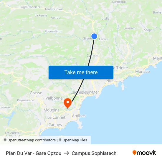 Plan Du Var - Gare Cpzou to Campus Sophiatech map