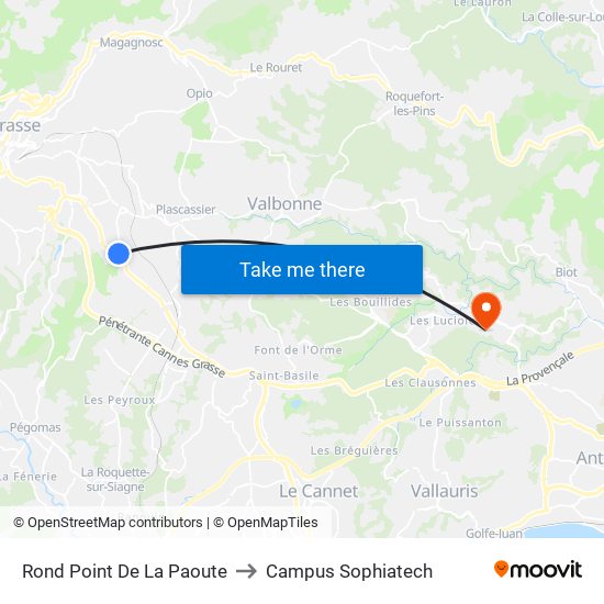 Rond Point De La Paoute to Campus Sophiatech map