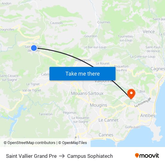 Saint Vallier Grand Pre to Campus Sophiatech map