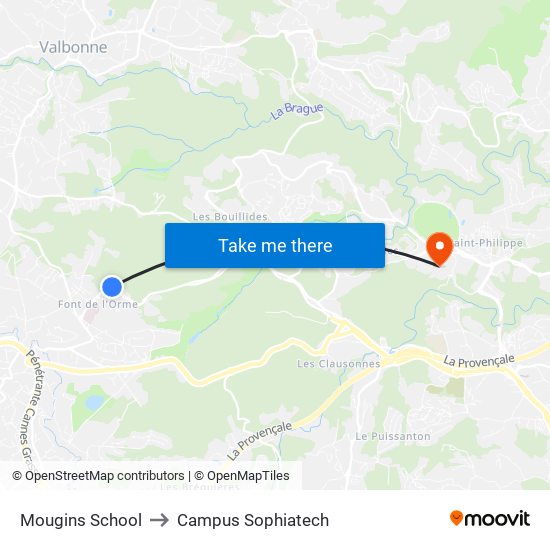 Mougins School to Campus Sophiatech map