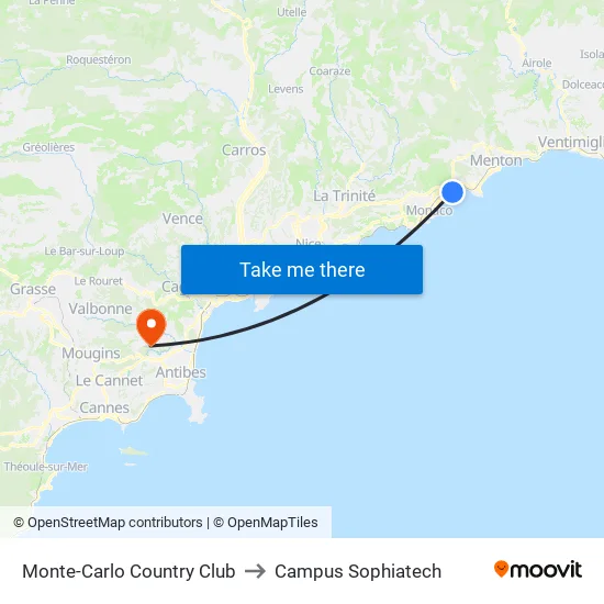 Monte-Carlo Country Club to Campus Sophiatech map
