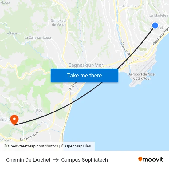 Chemin De L'Archet to Campus Sophiatech map