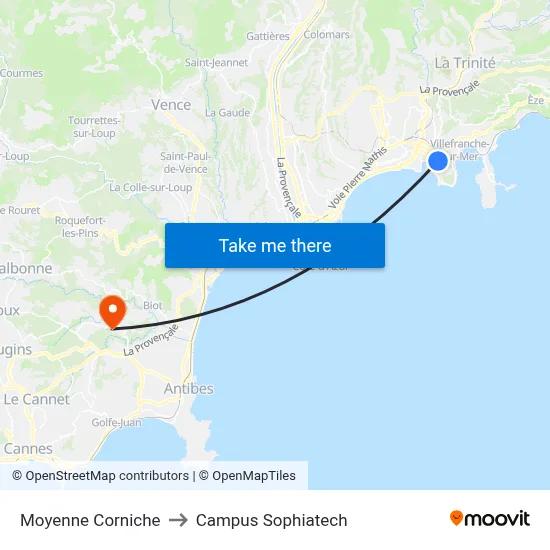 Moyenne Corniche to Campus Sophiatech map
